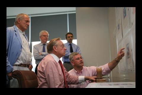 An early planning meeting in 7 World Trade Centre attended by Richard Rogers (left), Ahmad Rahimian (standing, far right) and Larry Silverstein (seated, left)